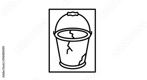 Outline drawing of a severely damaged and cracked utility bucket illustrating wear and tear