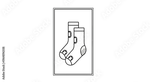 Minimalist line art illustration featuring a pair of distinct socks with unique patch and texture