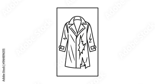Stylized minimalist line art illustration of a visibly damaged overcoat displaying wear and tear
