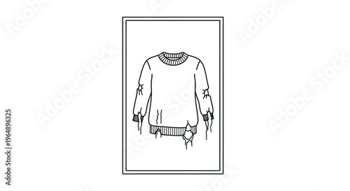 A minimalist line art depiction of a heavily tattered and unraveling old knitted garment