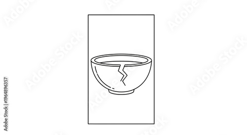 Minimalist monochrome line art depicting a ceramic bowl with a visible crack illustration