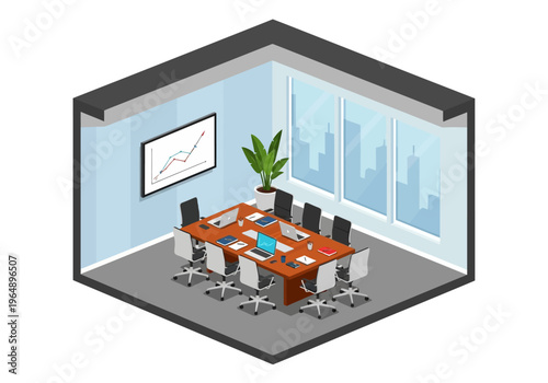 Modern corporate conference room with presentation chart and city skyline view