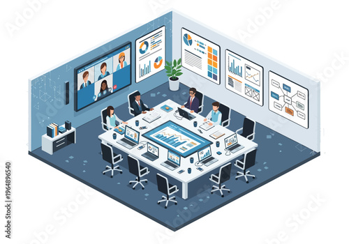 Isometric view of a modern boardroom with a large screen displaying a video conference and presentation charts