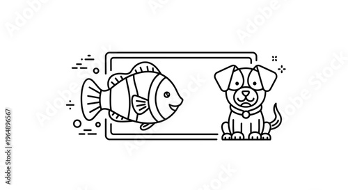Charming cartoon fish and dog line art illustration capturing pet friendship and aquatic themes