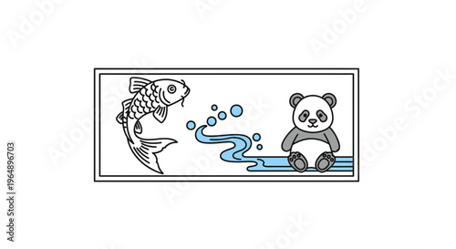 Charming minimalist graphic art featuring an elegant koi fish and an adorable sitting panda bear