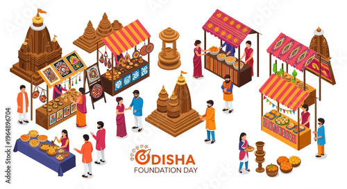 Isometric illustration of Odisha Foundation Day celebration with people, temples, and market stalls in a vibrant cultural setting.