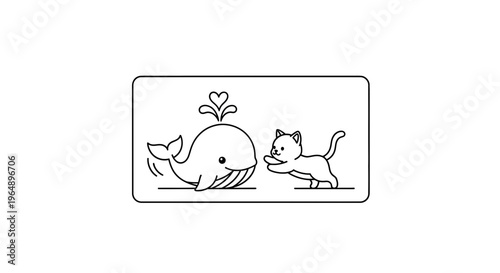 Whimsical line art portraying a joyful whale with a heart spray and an eager kitten in playful