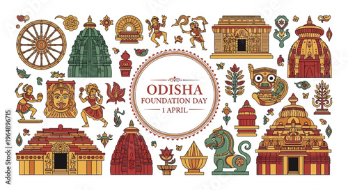 Vector illustration of Odisha Foundation Day design with traditional Indian motifs and icons on white background.
