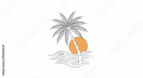 Stylized illustration depicting a tranquil tropical oasis with a palm tree, radiant sun, and ocean waves, perfect for serene vacation themes