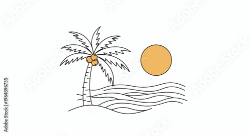 Minimalist tropical beach scene featuring a vibrant palm tree with coconuts, flowing ocean waves, and a radiant sun in a simple line art illustration style, evoking serene vacation vibes