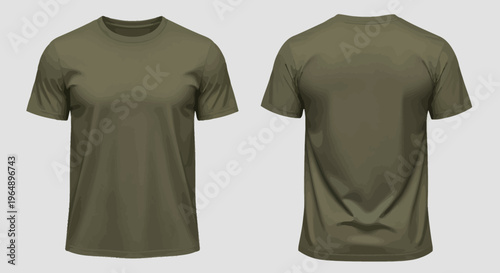 Blank olive green short sleeve t-shirt mockup, front and back views, isolated on a light background, ideal template for apparel design and custom clothing projects