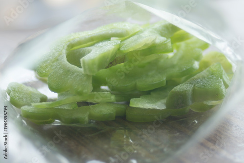 slices of green Bitter melon in a plastic bag