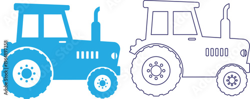 Stylized blue tractor illustration with outline version farming equipment depiction