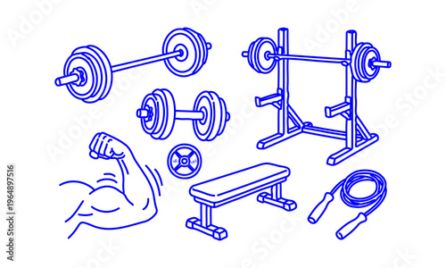 Hand Drawn Doodle Strength Training Icons Set with Barbell Dumbbell Bench Press Rack and Muscle Arm Sketch Style Gym Collection