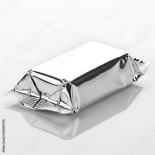 Shiny foil-wrapped rectangular package with crinkled edges on a plain background