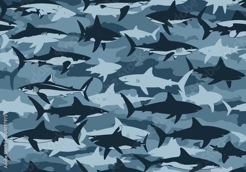 Seamless Blue Shark Camouflage Pattern, Aquatic Marine Predator Silhouette Background for Textile and Wallpaper Design