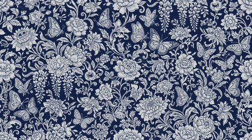 Elegant blue and white damask floral textile pattern with seamless ornamental motif for fabric and decor.