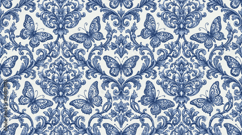 Intricate blue damask seamless pattern suitable for textiles and design.