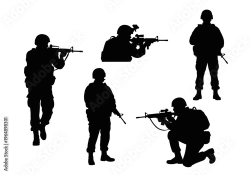 Military Soldier Silhouettes Collection in Tactical Combat Poses with Rifles