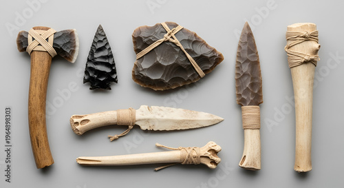 Stone age tools collection: flint axe spearhead knife obsidian arrowhead and bone artifacts against a grey background