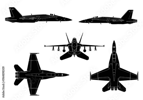 F-18 Super Hornet Jet Fighter Silhouettes - Multiple Angles Vector Set