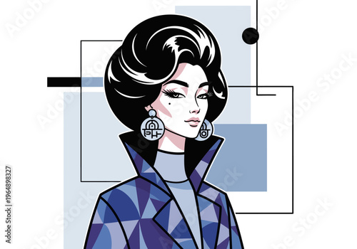 Elegant 1960s Inspired Fashion Illustration of a Woman with Voluminous Bouffant Hairstyle and Blue Geometric Coat