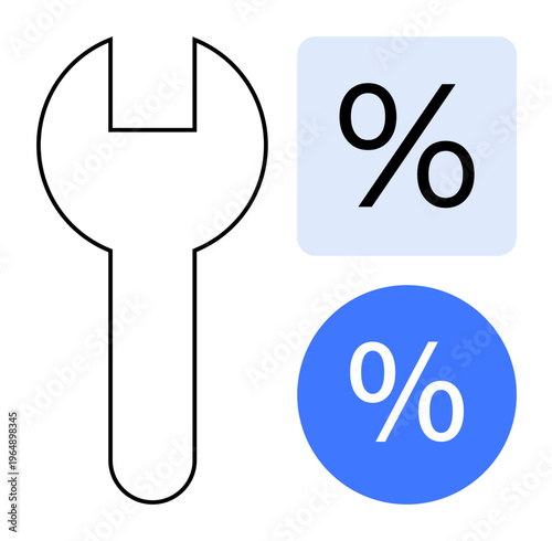 Finance, engineering, data analysis, tools, maintenance, and calculations. Black wrench outline alongside percentage symbols in blue and white. Finance and data analysis with tools and percentages
