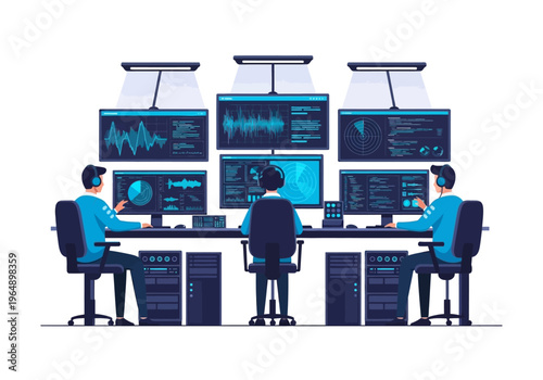 Professional IT Team Monitoring Network Data and Security in High-Tech Control Room Illustration