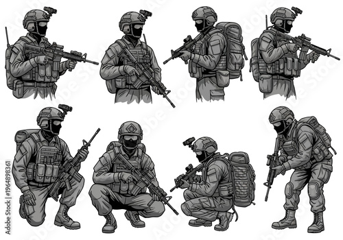 Set of Tactical Soldier Illustrations and Special Forces Characters in Various Combat Poses with Rifles, Helmets, and Full Military Gear