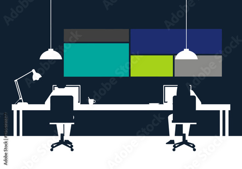 Modern Coworking Office Silhouette Illustration with Minimalist Workspace and Creative Design Panels