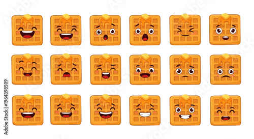 Waffle Character Emoticons Set: Happy, Sad, Winking, Surprised, Angry Faces