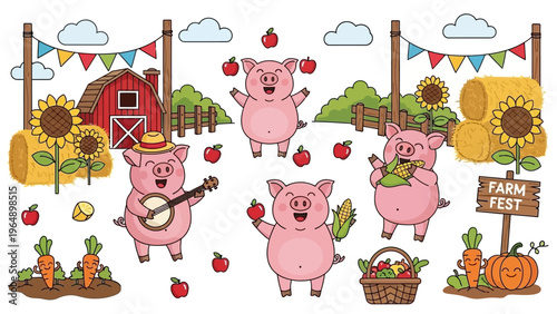 Pigs Dancing and Playing in Farmyard.