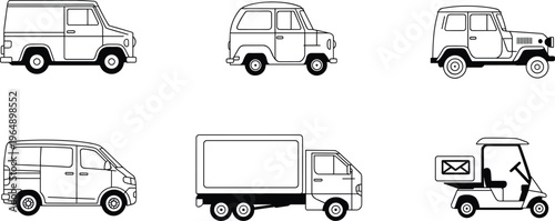 Delivery van and truck icons set, transport vehicle illustration, cargo logistics collection, commercial transport symbols, courier service design, outline vector pack