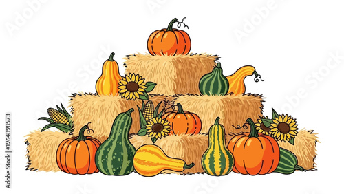 Pumpkins and Gourds on Hay Bales.