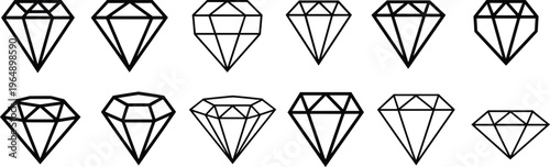 Diamond icons set, gemstone outline collection, luxury crystal shapes line art, jewelry vector illustration, modern minimal design bundle elements
