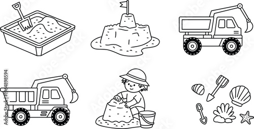 Kids sandbox activity set, beach toys illustration, construction truck drawing, child play scene collection, summer sand fun, outline vector design