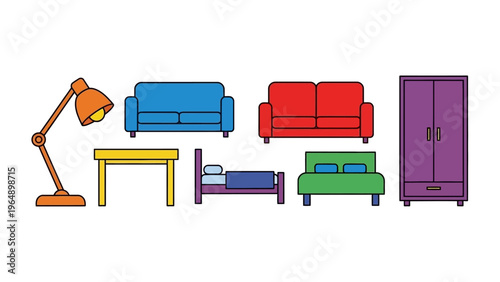 Colorful Furniture Set with Lamp and Wardrobe.