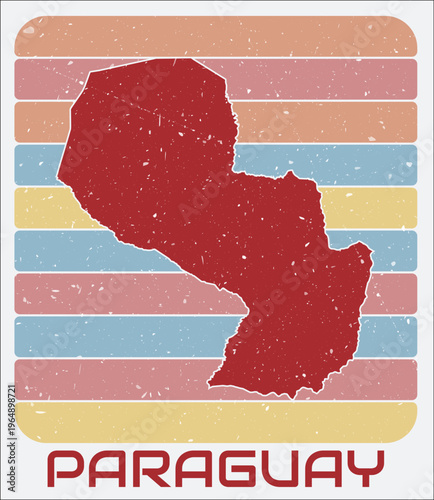 Paraguay vintage logo. Shape of the country on retro colored stripes background. Paraguay map design with grunge scratch texture. Vector illustration.
