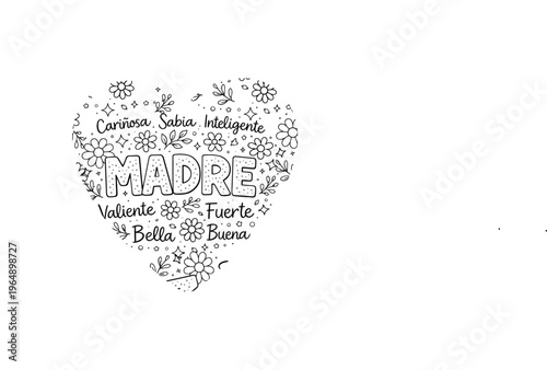 Feliz Día de las Madre heart shape love lettering Spanish Typography or Calligraphy vector illustration  Happy Mother's day greeting card Social Media invitation banner poster coloring page book