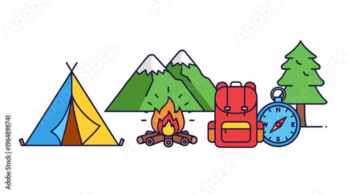 Camping Equipment and Accessories Illustration.