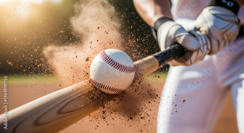 close up action shot capturing the exact moment a wooden baseball bat violently connects with a stitched ball sending dirt and debris flying dramatically outdoors.