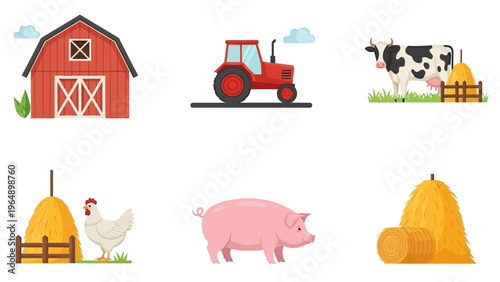 Farm Animals and Equipment Illustration Set.