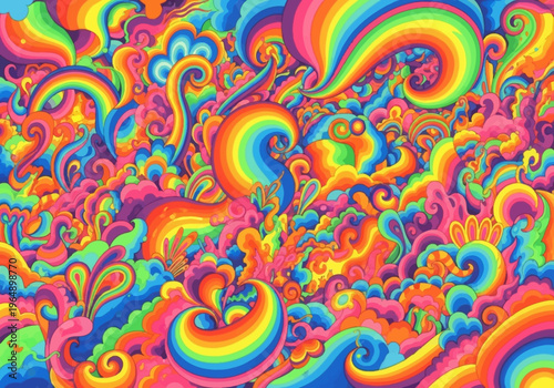 Psychedelic Rainbow Swirls Background - Vibrant Trippy Abstract Pattern with Colorful 60s Hippie Style Clouds and Waves