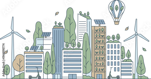 Sustainable green city vector illustration with wind turbines, solar panels, eco friendly buildings, electric scooters, and clean energy technology