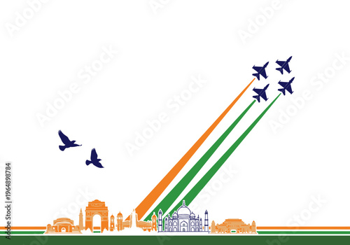 Patriotic India Independence Day Background with Fighter Jets, Tricolor Smoke Trails, and Silhouettes of Famous Landmarks like Taj Mahal and India Gate