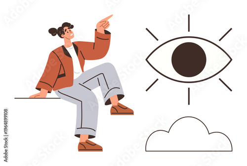 Creativity, imagination, design, self-expression, observation, vision. A seated person pointing upward, next to an oversized eye and a cloud icon. Creativity and imagination concepts
