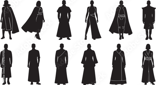 Silhouettes of diverse women in flowing garments and robes fashion collection display