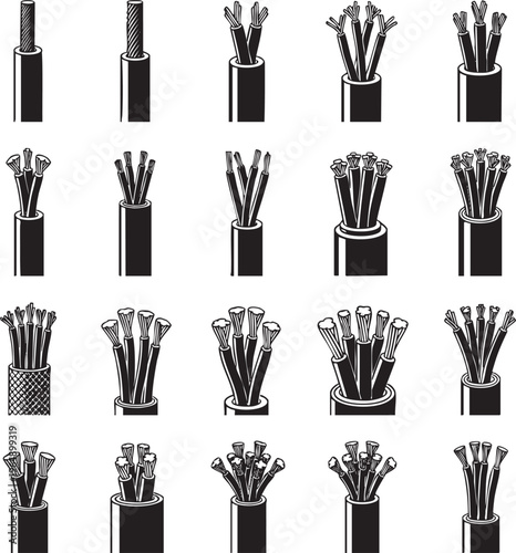 Diagram of electrical wire cross sections showing increasing strand complexity high quality professional detailed