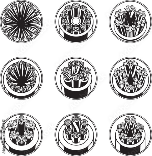 Cross sectional diagrams illustrate various fiber optic cable constructions and core arrangements high quality
