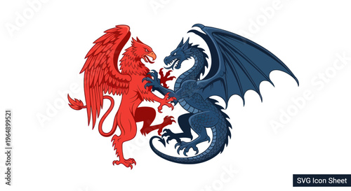 Mythical Creatures: Red Griffin vs Blue Dragon Battle, Fantasy Heraldry Emblem